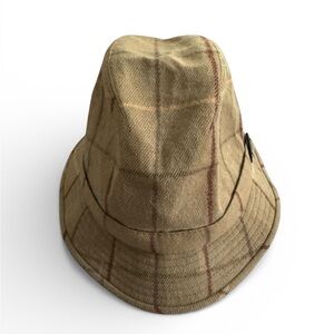 Burberry Vintage Fedora Hat Tan Plaid Windowpane Wool Multicolor Buckle 7 3/8
